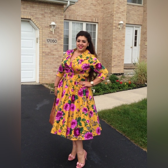 Pinup Couture Yellow and Purple Floral 3/4 Sleeve Dress - Picture 8 of 8
